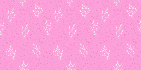 Seamless vector pattern with elegant  botanical branches and tiny floral accents on a soft pink background. Perfect for textiles, wallpapers, gift wrap, stationery, branding, summer decor