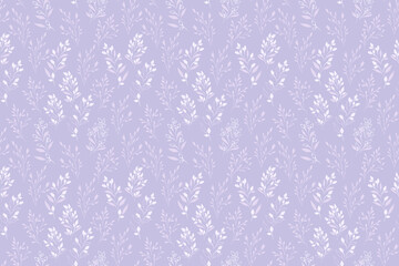 Seamless vector pattern featuring delicate leafy stems and floral elements on a pastel purple, violet, lavander background. Modern tiny botanical themed designs for wallpapers, packaging, stationery