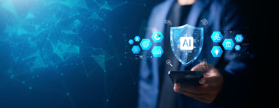 AI in Cybersecurity concept. data protection, enterprise cybersecurity and malware defense. Person with AI security technology icons.