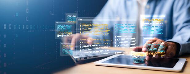 Software development concepts and programming for various devices. coding process. chart. testing...