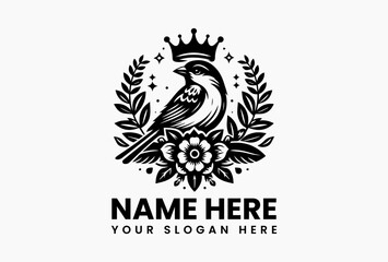 Vintage sparrow with royal crown and botanical flower detailing in ornate vector logo, representing timeless elegance, heritage, and classic beauty  