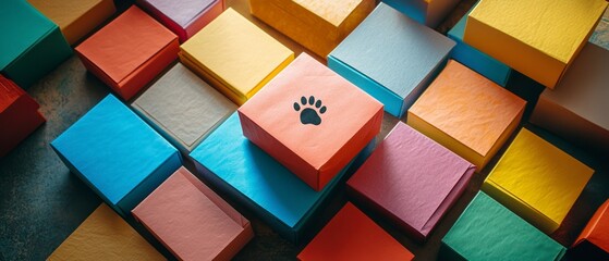 Stacks of colorful square boxes with one box displaying paw print create intriguing visual pattern.