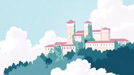 Obraz premium Serene medieval hilltop castle bathed in soft dreamy light under a tranquil pastel sky evokes fairy tale dreams and peaceful escape
