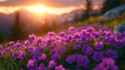 Obraz premium Violet flowers bloom in abundance in a secluded meadow, creating a carpet of color under the warm summer sun.