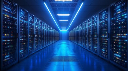 Futuristic server room interior, glowing with vibrant blue light.