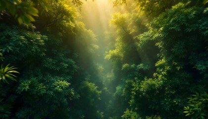 Fototapeta premium Sunlight Streaming Through Lush Green Forest Canopy