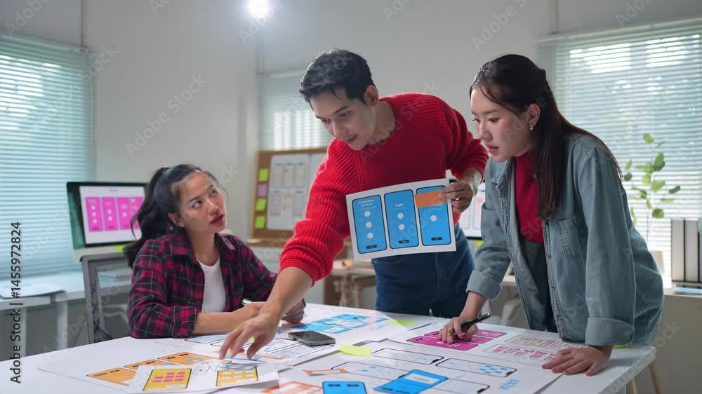 Poster creative team of young asian people working together developing mobile application user interface an