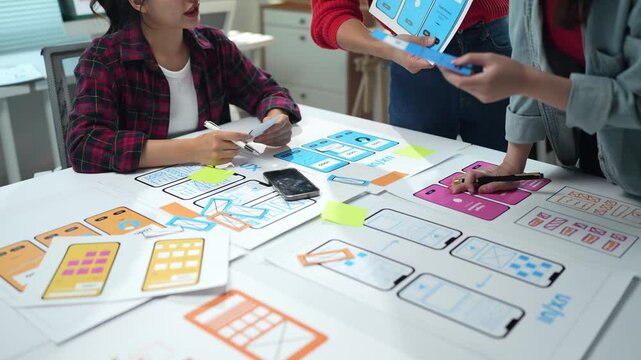 Web designers are collaborating on a user interface and user experience design for a mobile application, arranging paper prototypes on a table