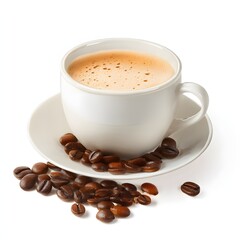 Obraz premium Isolated image of a coffee cup with frothy cappuccino and scattered beans perfect for café branding, morning beverage ads, product packaging, or social media posts targeting coffee enthusiasts.