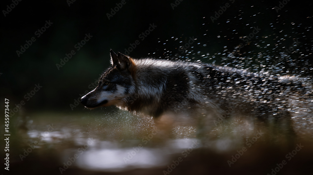 Wall mural dynamic wildlife photo of a wolf in question with droplets flying and blur motion in the background.