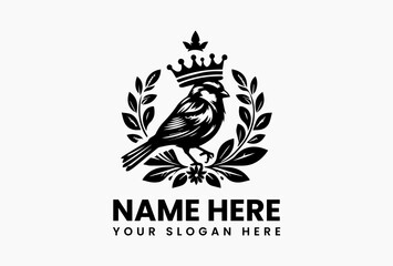 Vintage sparrow with royal crown and botanical flower detailing in ornate vector logo, representing timeless elegance, heritage, and classic beauty  