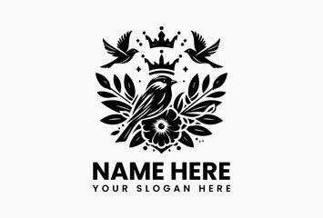 Obraz premium Minimalist sparrow in flight with crown and floral line-art elements in clean vector logo design, symbolizing natural grace and modern elegance 