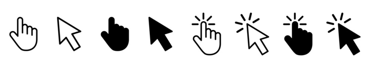 Vector set of hand and arrow cursor icons in outline and filled styles, ideal for UI, UX design, web interfaces, and app development. Includes click, hover, and pointer states. Icon, cursor, click.