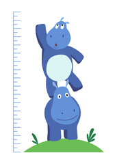 Height measure with growth ruler chart with cute cartoon hippopotamus animal. Funny kids meter, wall scale to measure growth. Children room wall sticker as interior decor
