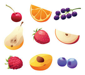 Fruit and berries for jam jars. Homemade berries and fruit jam ingredient, natural organic products. Breakfast food, sweet fruit dessert vector illustration on white background