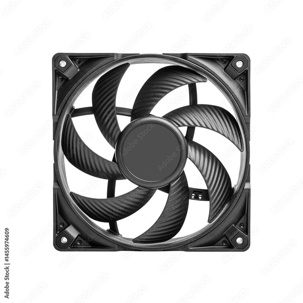 Poster close-up image of a single black pc cooling fan with textured blades and a square frame designed for