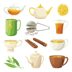 Tea brewing icon set. Accessories for tea party. Teapots, teacups, and infusers for traditional and cozy tea drinking. Aromatic hot drink. Flat vector illustration isolated on white background