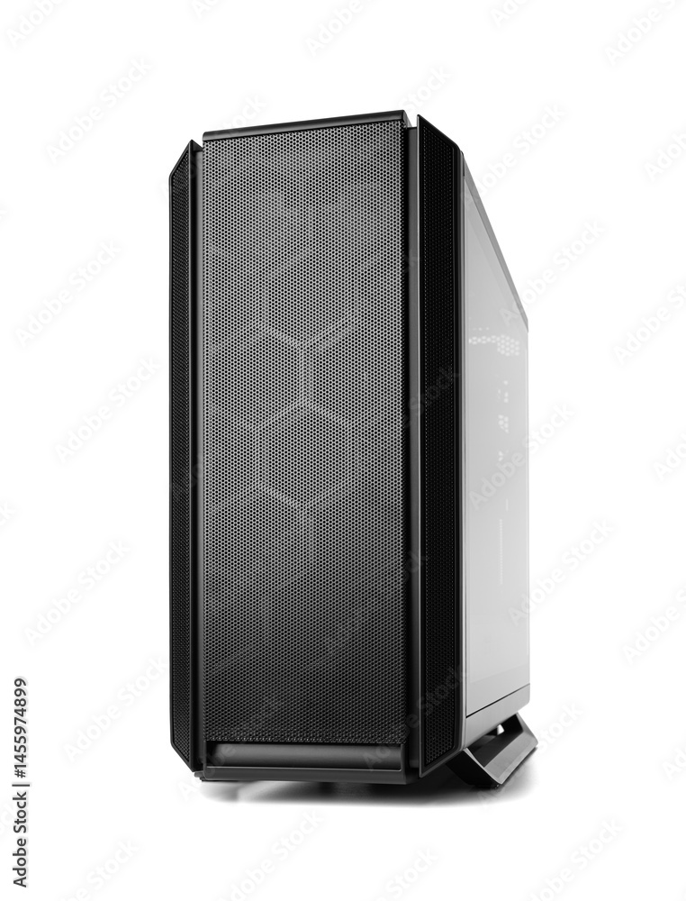 Poster modern black pc case with a mesh front panel and tempered glass side, designed for high airflow and 