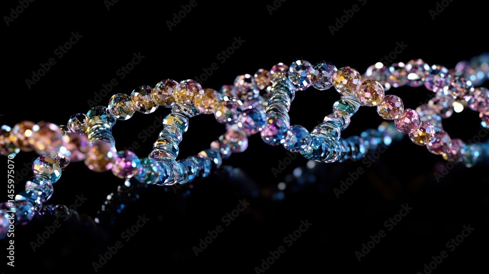 Poster colorful 3d representation of dna double helix structure with sparkling beads
