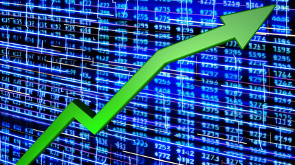Close-up of a Glowing Green Upward Arrow Graph on a Digital Screen with Blurred Financial Charts Background, Symbolizing Corporate Stock Buybacks and Market Growth in Modern Business Economy