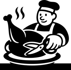 Cook Prepares Roasted Poultry With Scissors In A Bold Black And White Illustration Style