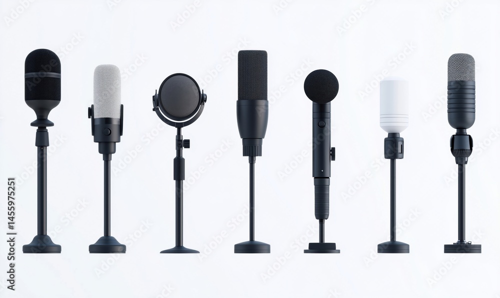 Poster various types of microphones arranged in a row showcasing different designs and functionalities