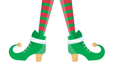 Funny Christmas elf legs. An illustration of Santa's helper wearing red and green stockings and shoes with yellow bells. Vector merry christmas background with Elf legs in shoes