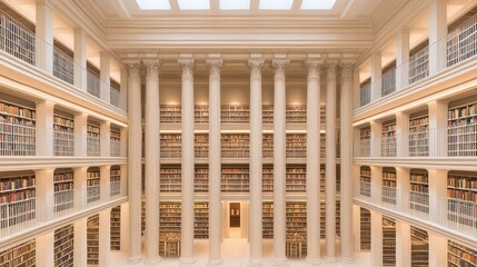 Monumental Library Interior with Classic Architecture and Book Collections under Natural Light for Educational Research Background