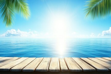 Tranquil ocean scene with wooden dock. Sunny skies with palm trees framing the view