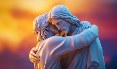 Emotional embrace between Jesus and a figure symbolizing compassion and forgiveness