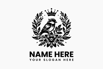 Minimalist sparrow in flight with crown and floral line-art elements in clean vector logo design, symbolizing natural grace and modern elegance  