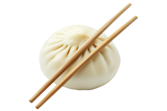Traditional steamed Chinese bao bun with wooden chopsticks isolated on white transparent background, representing Asian cuisine and culinary culture