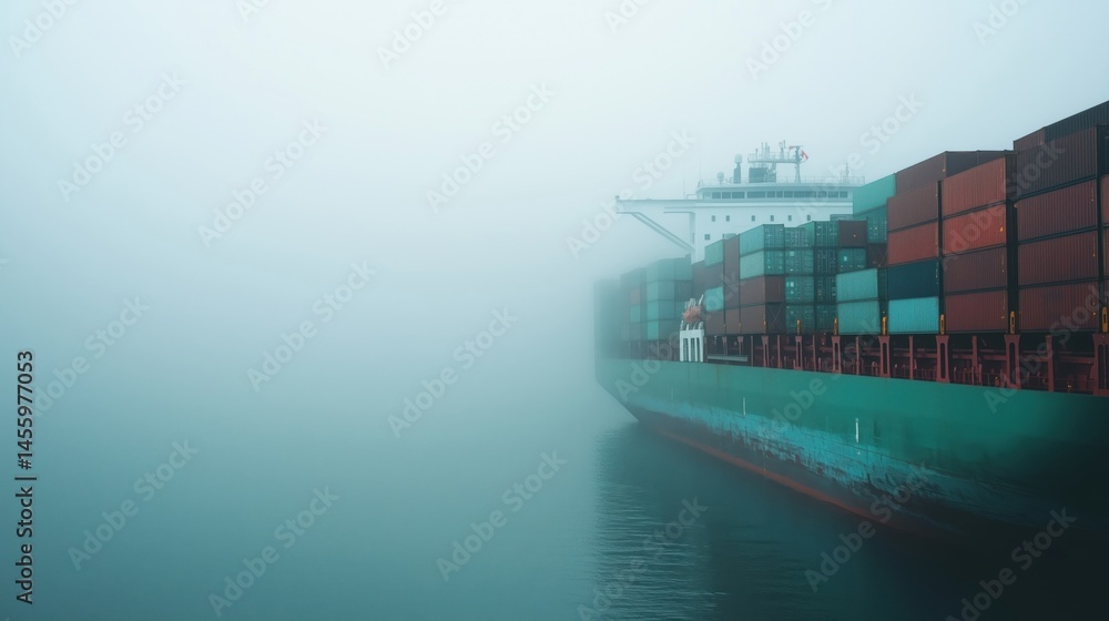 Poster container ship navigating through dense fog in harbor with colorful cargo containers