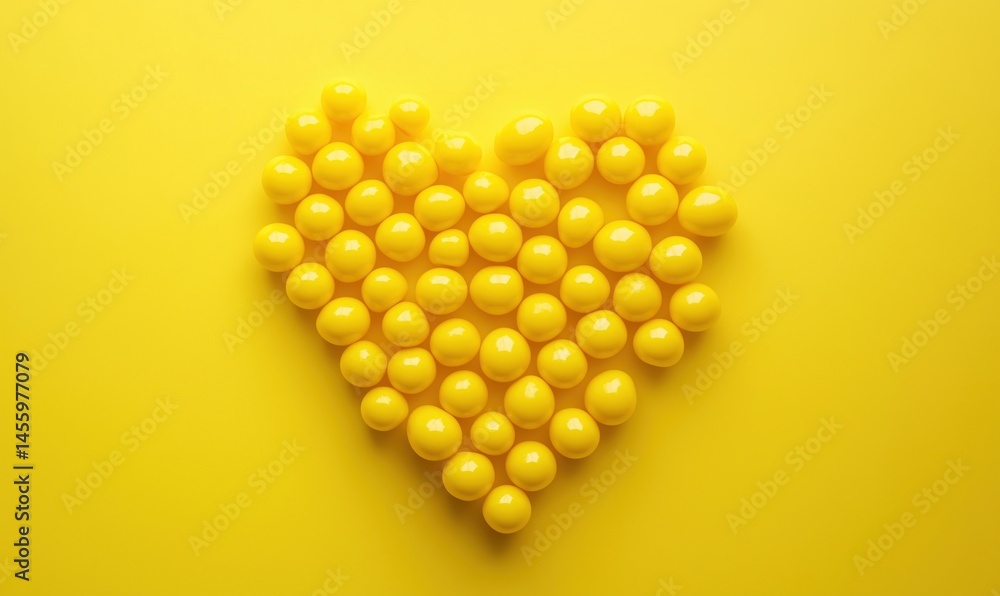 Poster yellow heart shape made of glossy round objects on bright yellow background