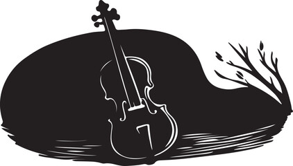 Silhouette of a Violin Resting Against a Dark, Hilly Landscape © Salma