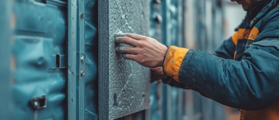 Construction worker carefully installs panel insulation onto metal panel, showcasing detail and skill.