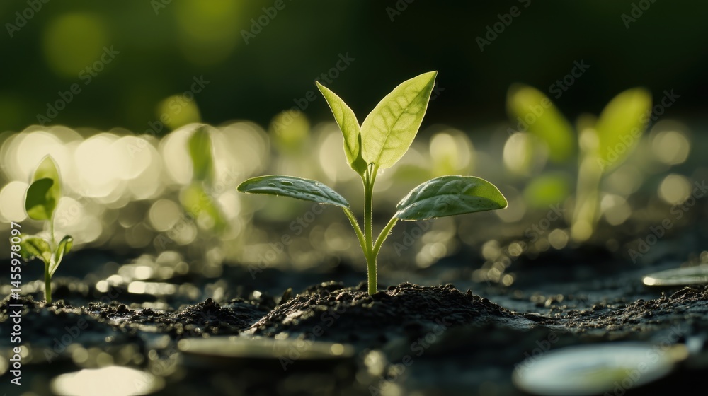 Poster green seedlings emerging from soil with sunlight creating a bokeh effect