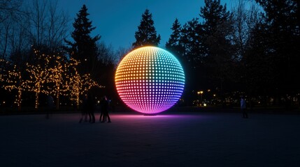 Obraz premium Nighttime Art Installation Featuring a Giant Colorful Sphere Illuminated in a Stunning Display