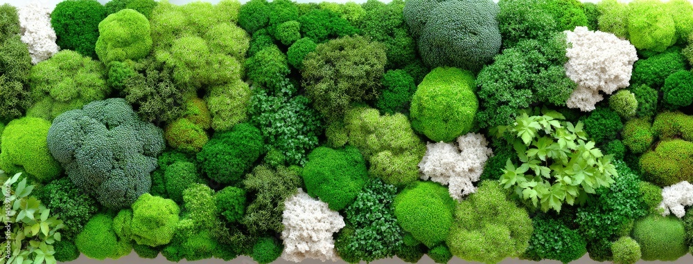 Poster dense patches of green moss in various textures and shapes create a lush visual tapestry. this top-d