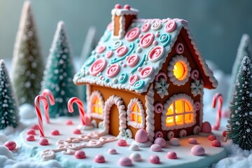 Festive gingerbread house decorated with colorful icing candy canes and snowy christmas forest
