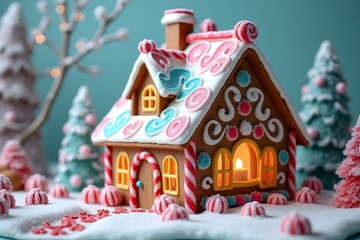 Festive gingerbread house decorated with candy canes and icing against a snowy background