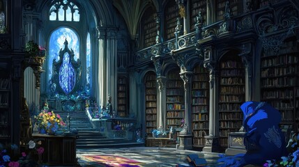 Enchanted library interior showcasing gothic architecture with stained glass and magical glow conveying fantasy and academic atmosphere