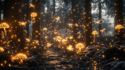 Obraz premium Enchanted Forest: Glowing Mushrooms and Firefly Dance