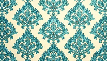 Intricate paisley damask pattern in muted teal and cream , soft, background, fabric