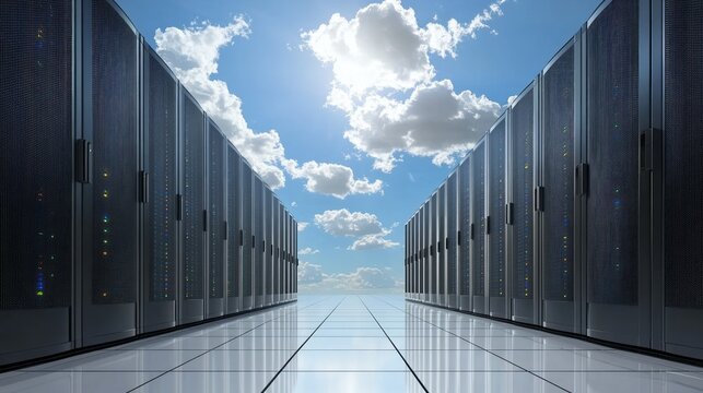 Modern server racks extending into a vast cloud sky.