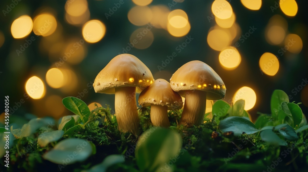 Poster mushrooms glowing softly in enchanting forest setting with bokeh lights