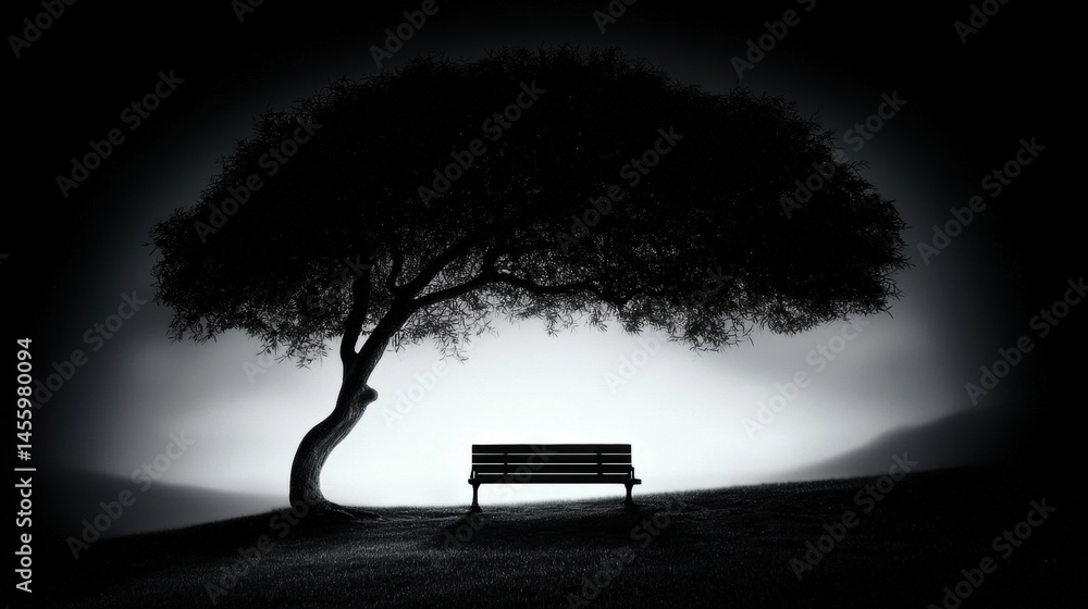Poster a solitary bench sits in the foreground, with a large tree casting a shadow over it.
