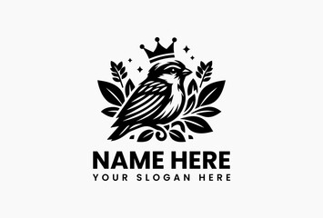 Delicate sparrow in flight wearing a dainty floral crown, minimalist vector logo for eco-friendly jewelry brands