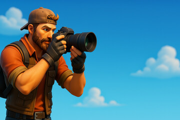 Animated photographer capturing a perfect blue sky scene outdoors