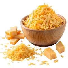 Heap of delectable shredded cheese on wooden bowl on white background